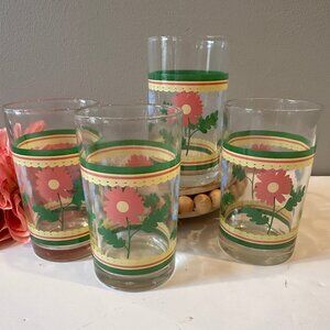 Vintage - Floral - Juice - Blue and Pink Flowers - Set of 4 - 8 oz. - 4 1/8"